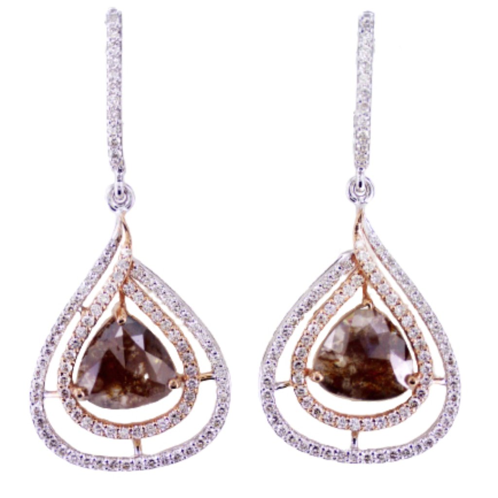 Rose Cut Diamond Drop Double Halo Earrings 3.98 Tcw Brown Trillion Cut 14k Gold